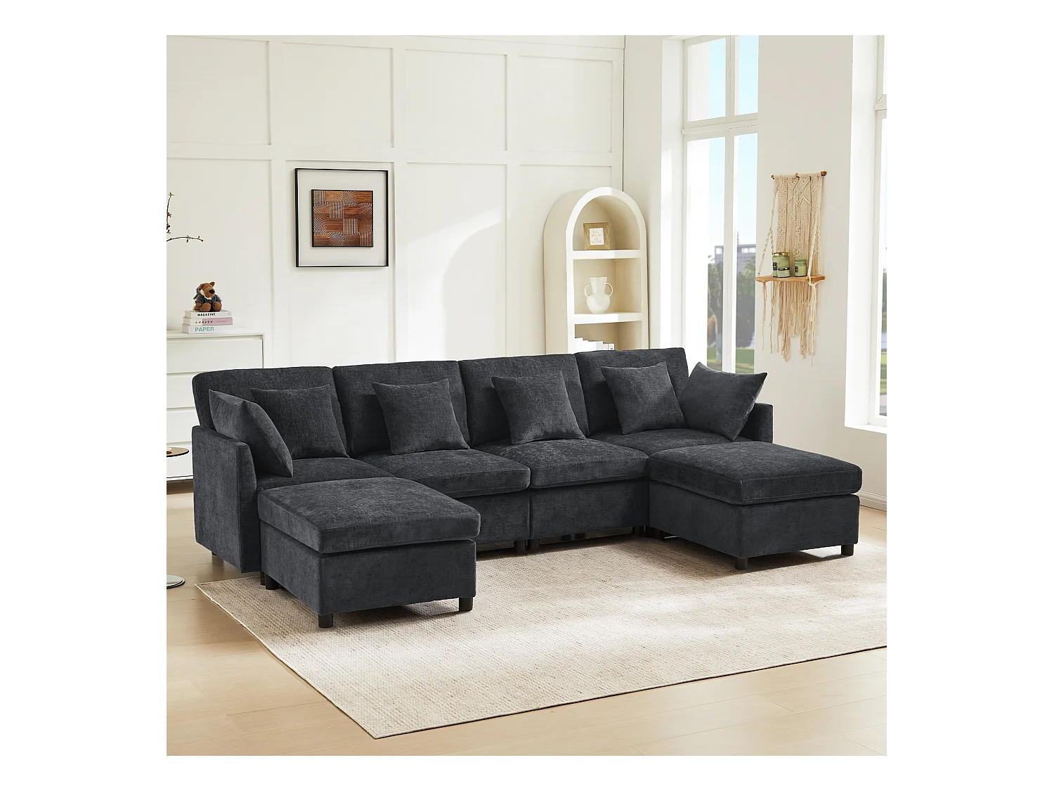 Canapé 4 places avec repose-pieds amovible - 278 x 161 x 81 cm  - canapé en U - velours - gris