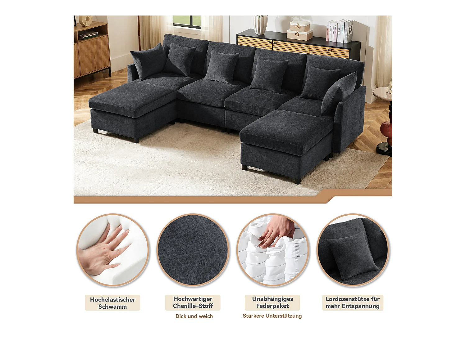 Canapé 4 places avec repose-pieds amovible - 278 x 161 x 81 cm  - canapé en U - velours - gris