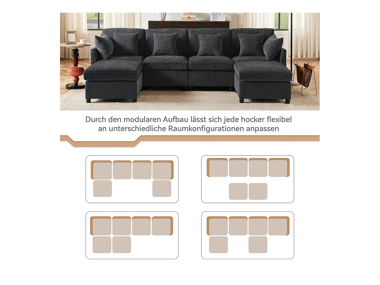 Canapé 4 places avec repose-pieds amovible - 278 x 161 x 81 cm  - canapé en U - velours - gris