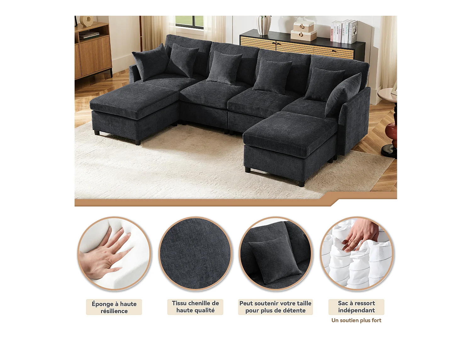 Canapé 4 places avec repose-pieds amovible - 278 x 161 x 81 cm  - canapé en U - velours - gris