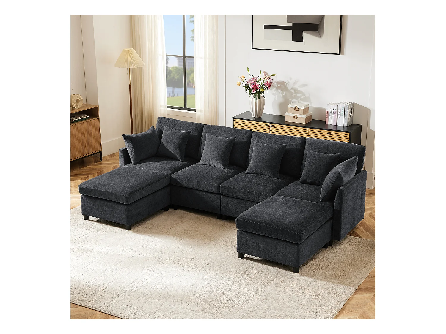 Canapé 4 places avec repose-pieds amovible - 278 x 161 x 81 cm  - canapé en U - velours - gris