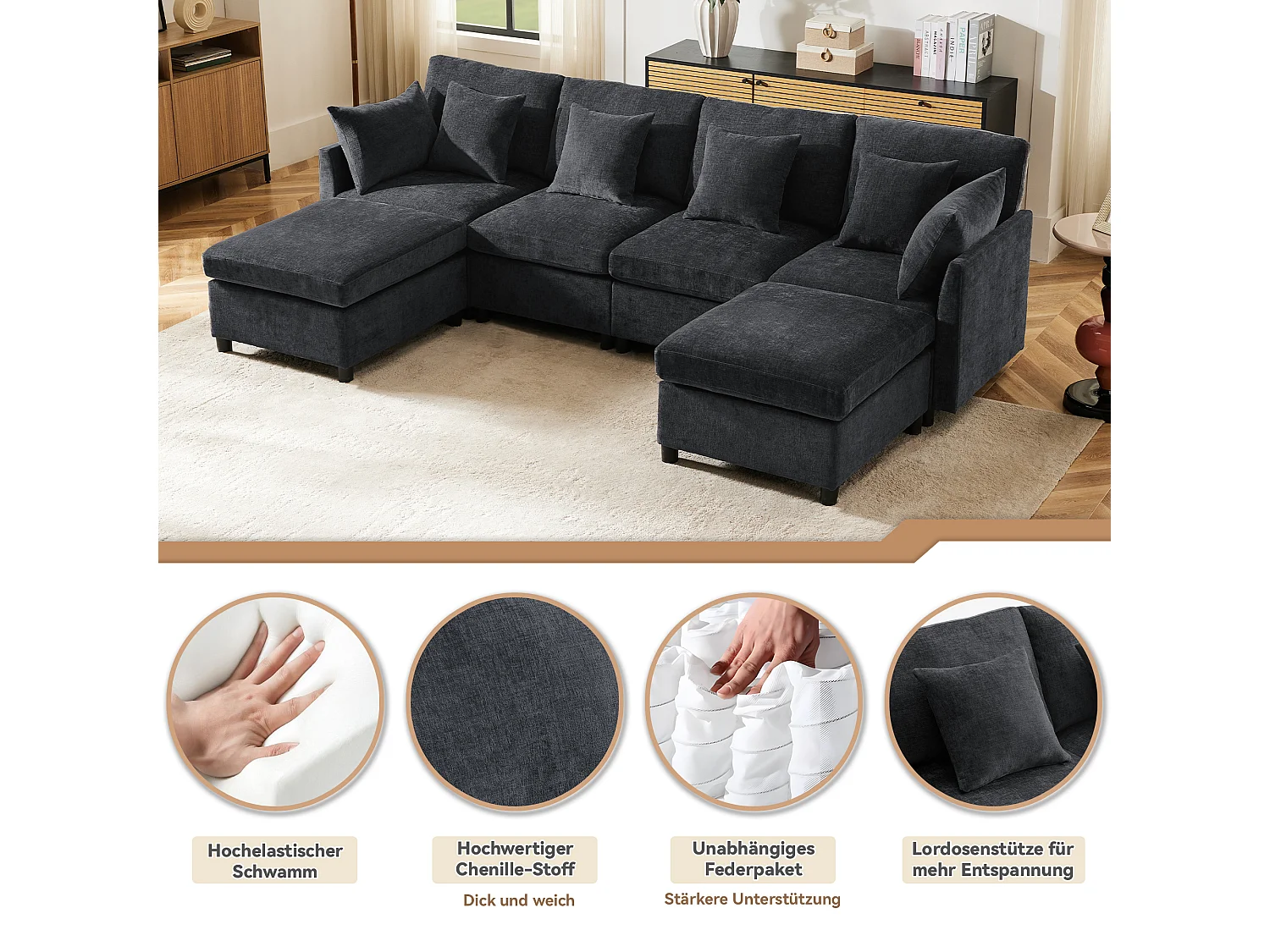 Canapé 4 places avec repose-pieds amovible - 278 x 161 x 81 cm  - canapé en U - velours - gris