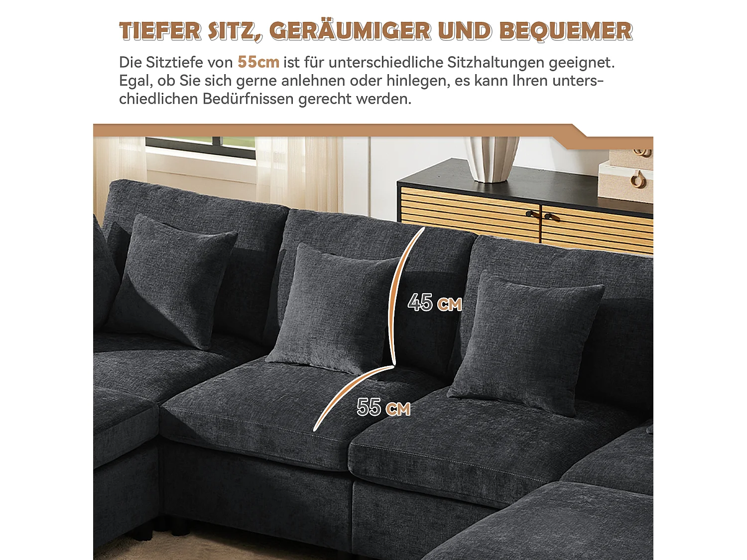 Canapé 4 places avec repose-pieds amovible - 278 x 161 x 81 cm  - canapé en U - velours - gris