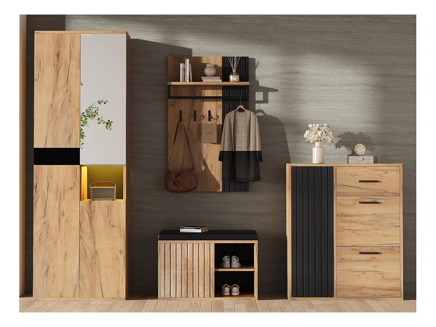 Ensemble vestiaire d'entrée 4 pièces - meuble à chaussures et  banc à chaussures - armoire et porte-manteau - Naturel + Noir