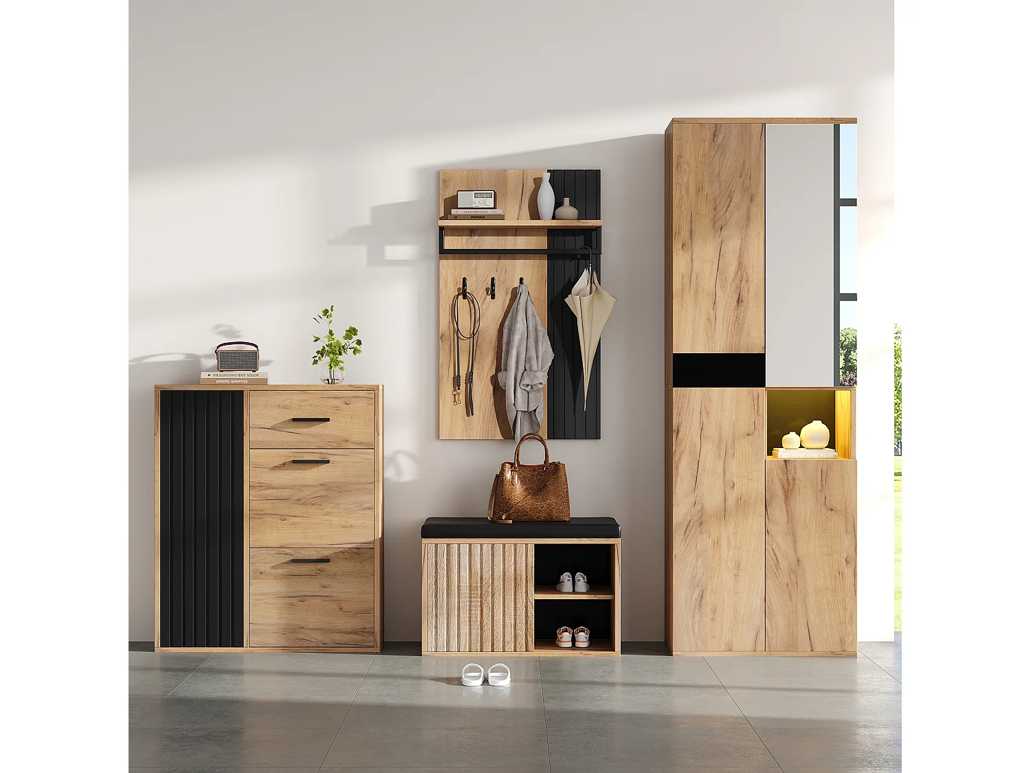 Ensemble vestiaire d'entrée 4 pièces - meuble à chaussures et  banc à chaussures - armoire et porte-manteau - Naturel + Noir