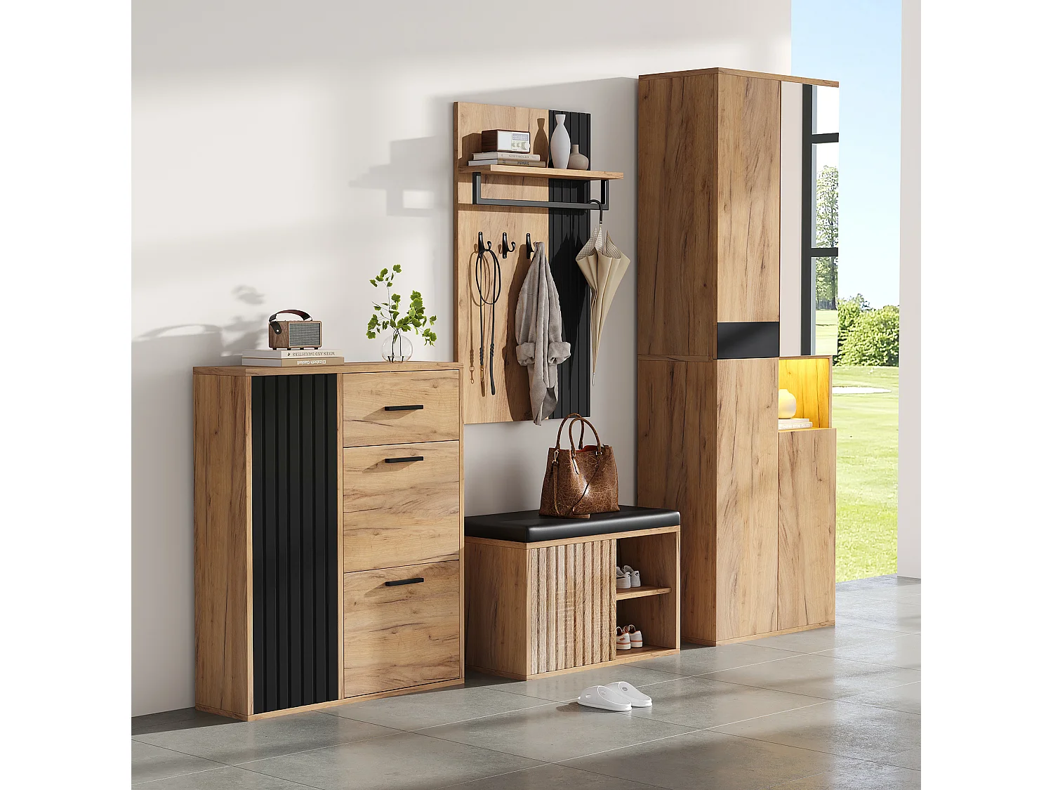 Ensemble vestiaire d'entrée 4 pièces - meuble à chaussures et  banc à chaussures - armoire et porte-manteau - Naturel + Noir