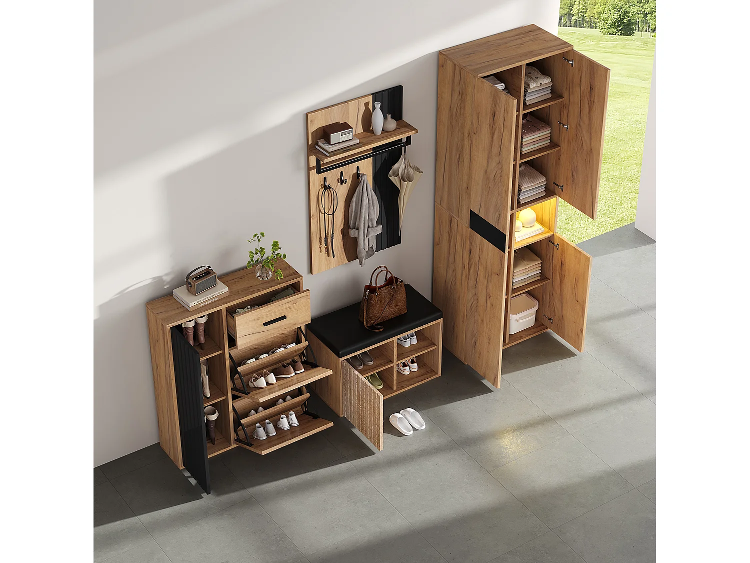 Ensemble vestiaire d'entrée 4 pièces - meuble à chaussures et  banc à chaussures - armoire et porte-manteau - Naturel + Noir