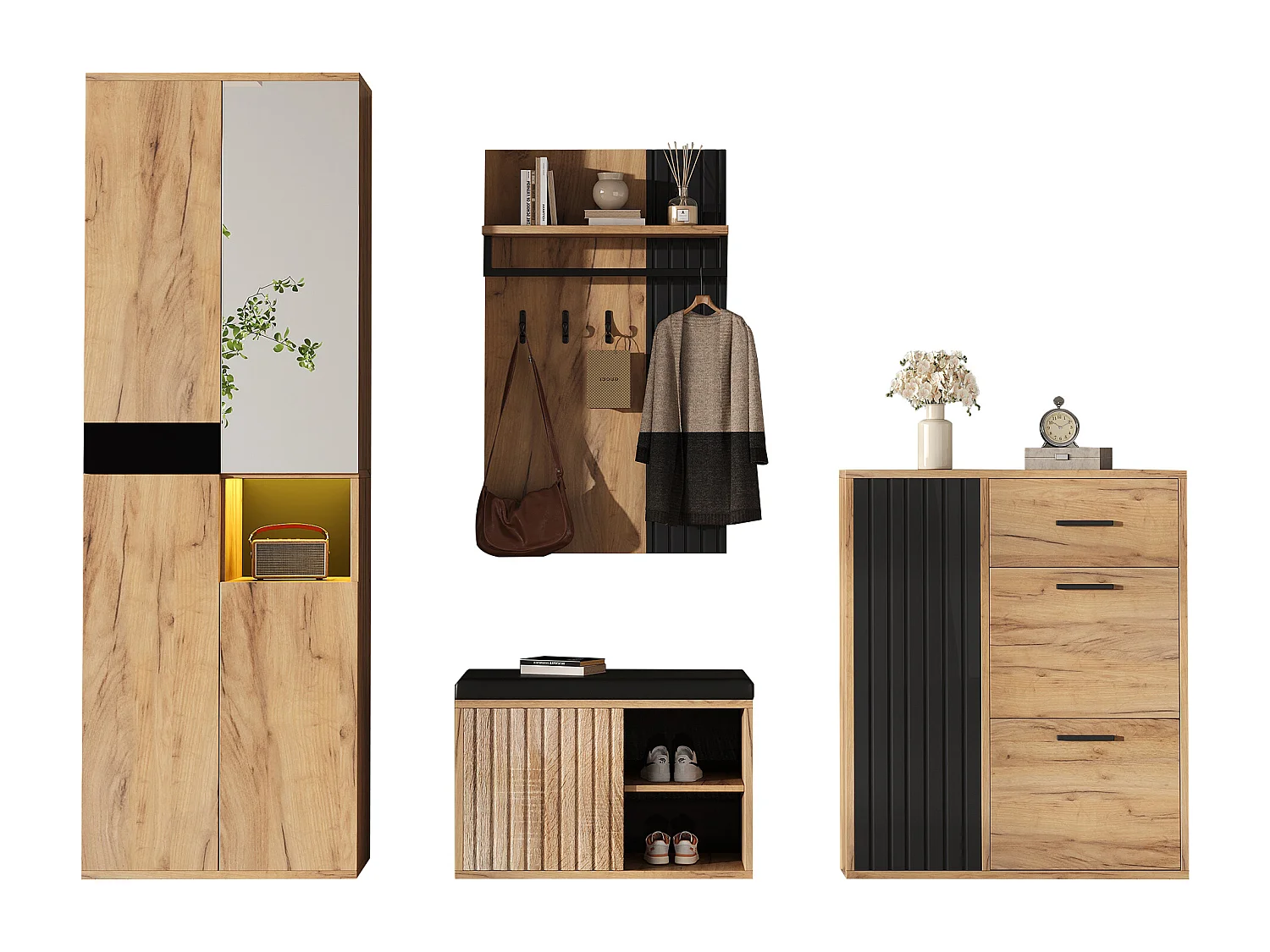 Ensemble vestiaire d'entrée 4 pièces - meuble à chaussures et  banc à chaussures - armoire et porte-manteau - Naturel + Noir