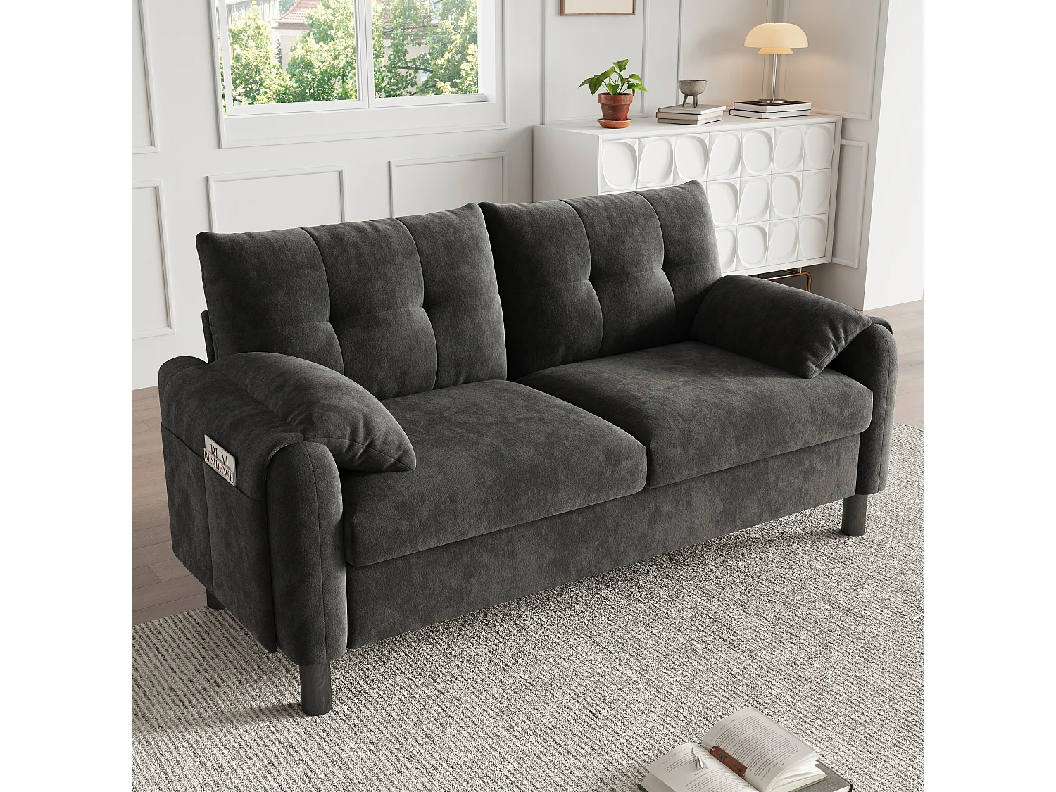 Canapé rembourré 2 places moderne avec coussins épais - 158 x 80 x 88.5 cm - velours - gris