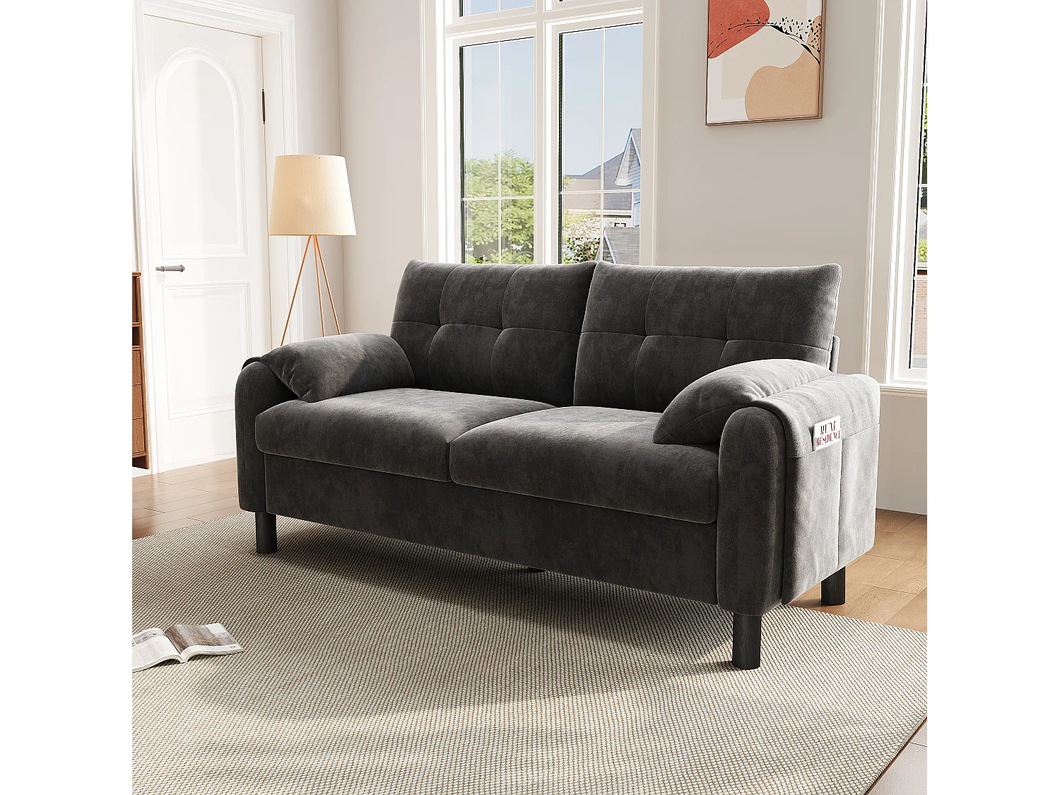 Canapé rembourré 2 places moderne avec coussins épais - 158 x 80 x 88.5 cm - velours - gris