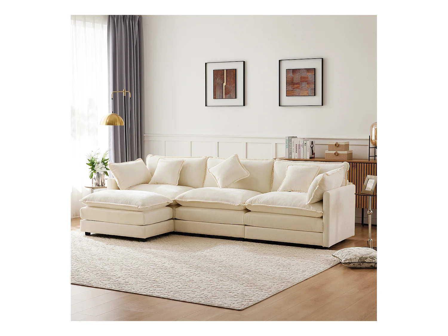 Canapé rembourré 3 places avec repose-pieds - 283 x 147 x 84 cm - pour salon et chambre - velours - beige