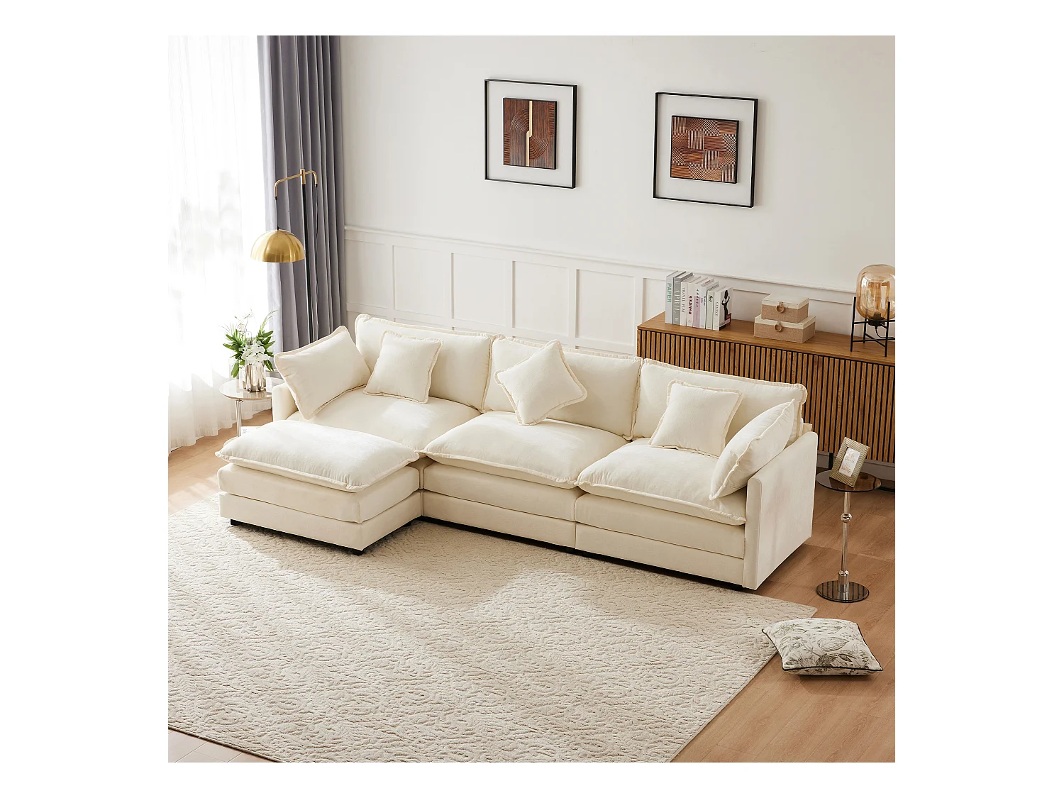 Canapé rembourré 3 places avec repose-pieds - 283 x 147 x 84 cm - pour salon et chambre - velours - beige