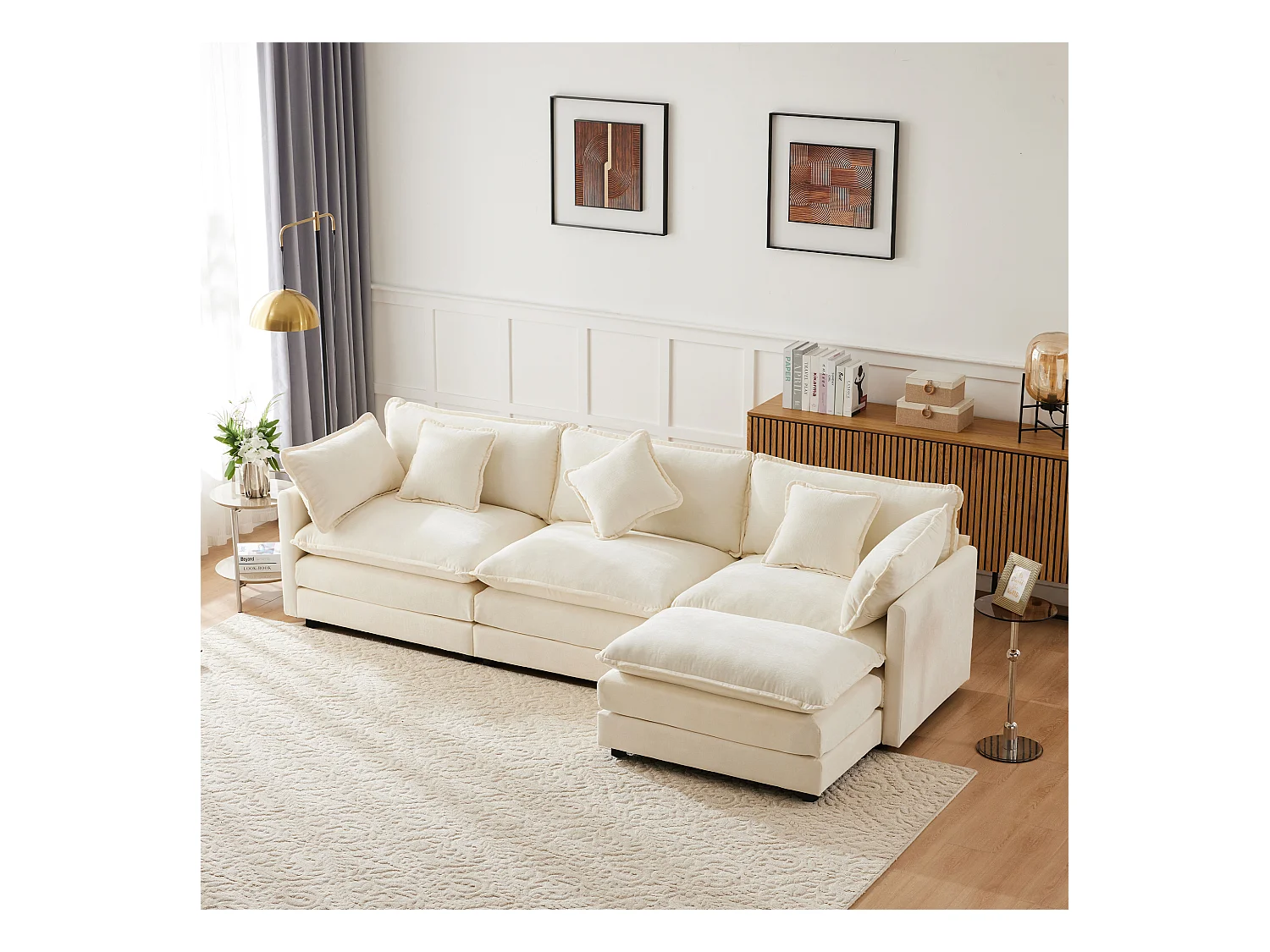 Canapé rembourré 3 places avec repose-pieds - 283 x 147 x 84 cm - pour salon et chambre - velours - beige