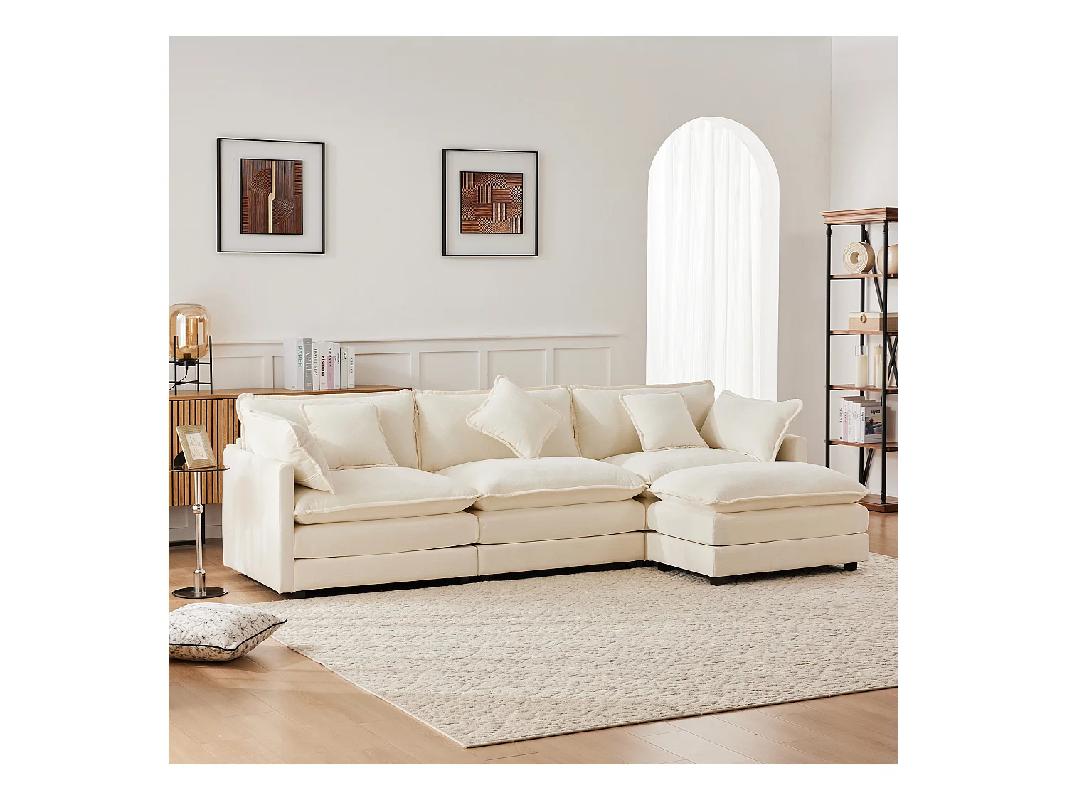 Canapé rembourré 3 places avec repose-pieds - 283 x 147 x 84 cm - pour salon et chambre - velours - beige