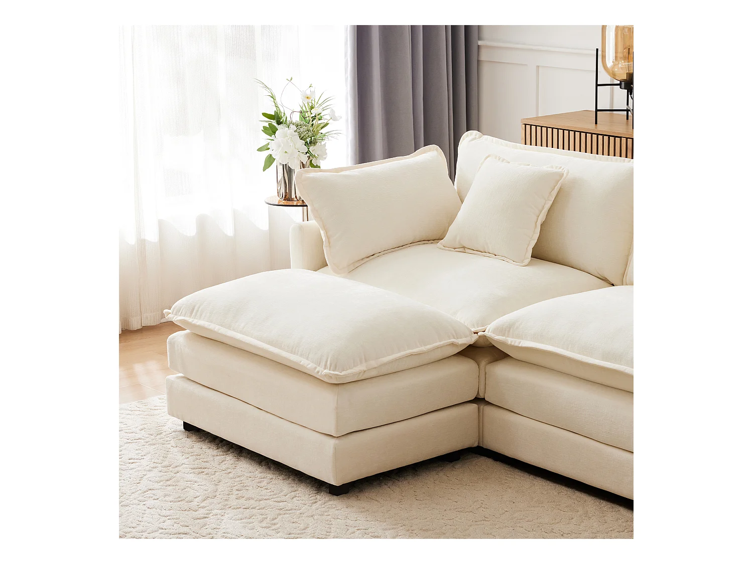 Canapé rembourré 3 places avec repose-pieds - 283 x 147 x 84 cm - pour salon et chambre - velours - beige