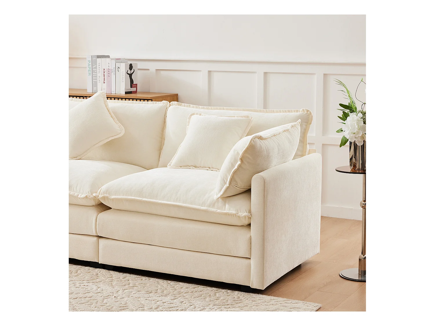 Canapé rembourré 3 places avec repose-pieds - 283 x 147 x 84 cm - pour salon et chambre - velours - beige