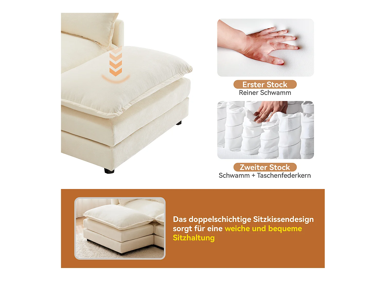 Canapé rembourré 3 places avec repose-pieds - 283 x 147 x 84 cm - pour salon et chambre - velours - beige