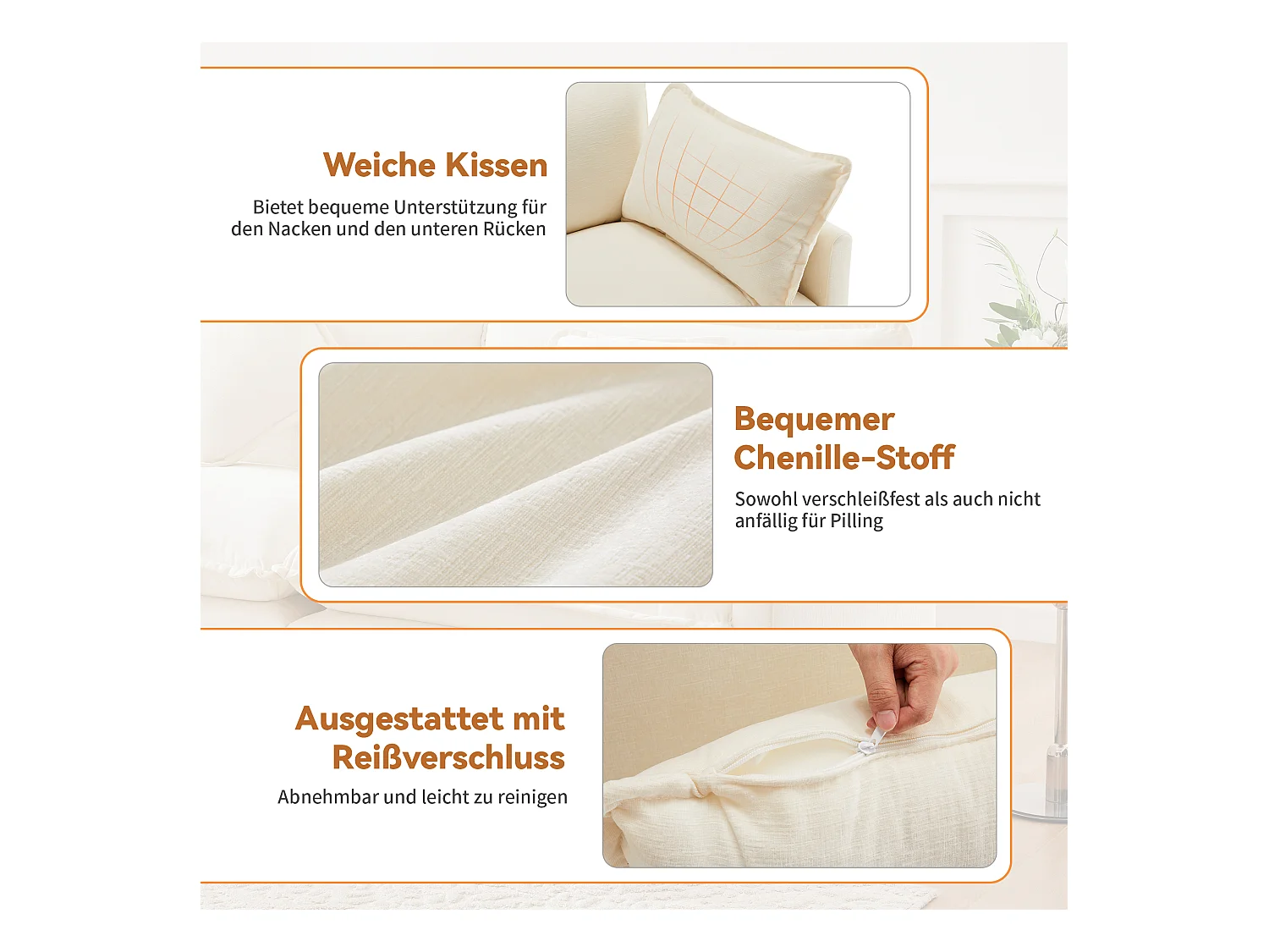 Canapé rembourré 3 places avec repose-pieds - 283 x 147 x 84 cm - pour salon et chambre - velours - beige