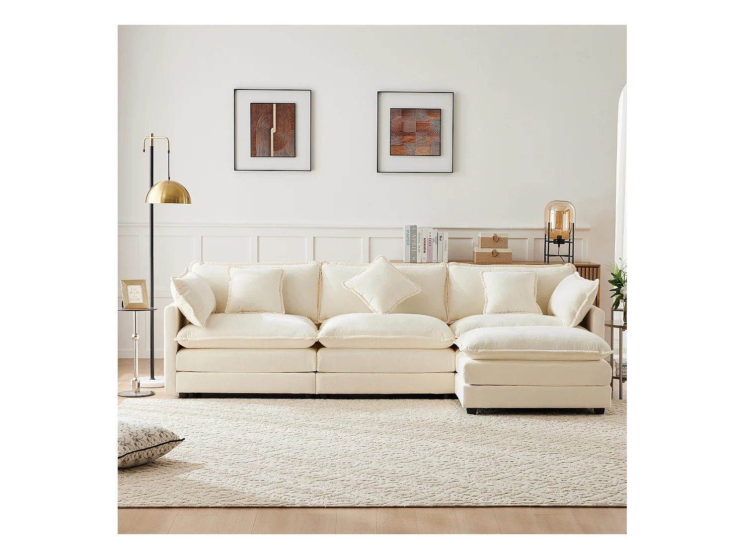 Canapé rembourré 3 places avec repose-pieds - 283 x 147 x 84 cm - pour salon et chambre - velours - beige