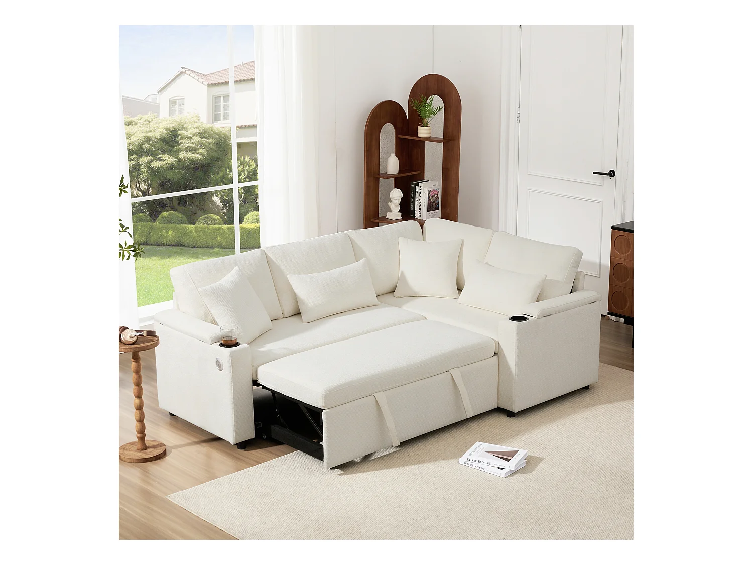 Canapé convertible extensible avec rangement - 206.5 x 141 x 86 cm - avec USB + 2 coussins - velours - beige