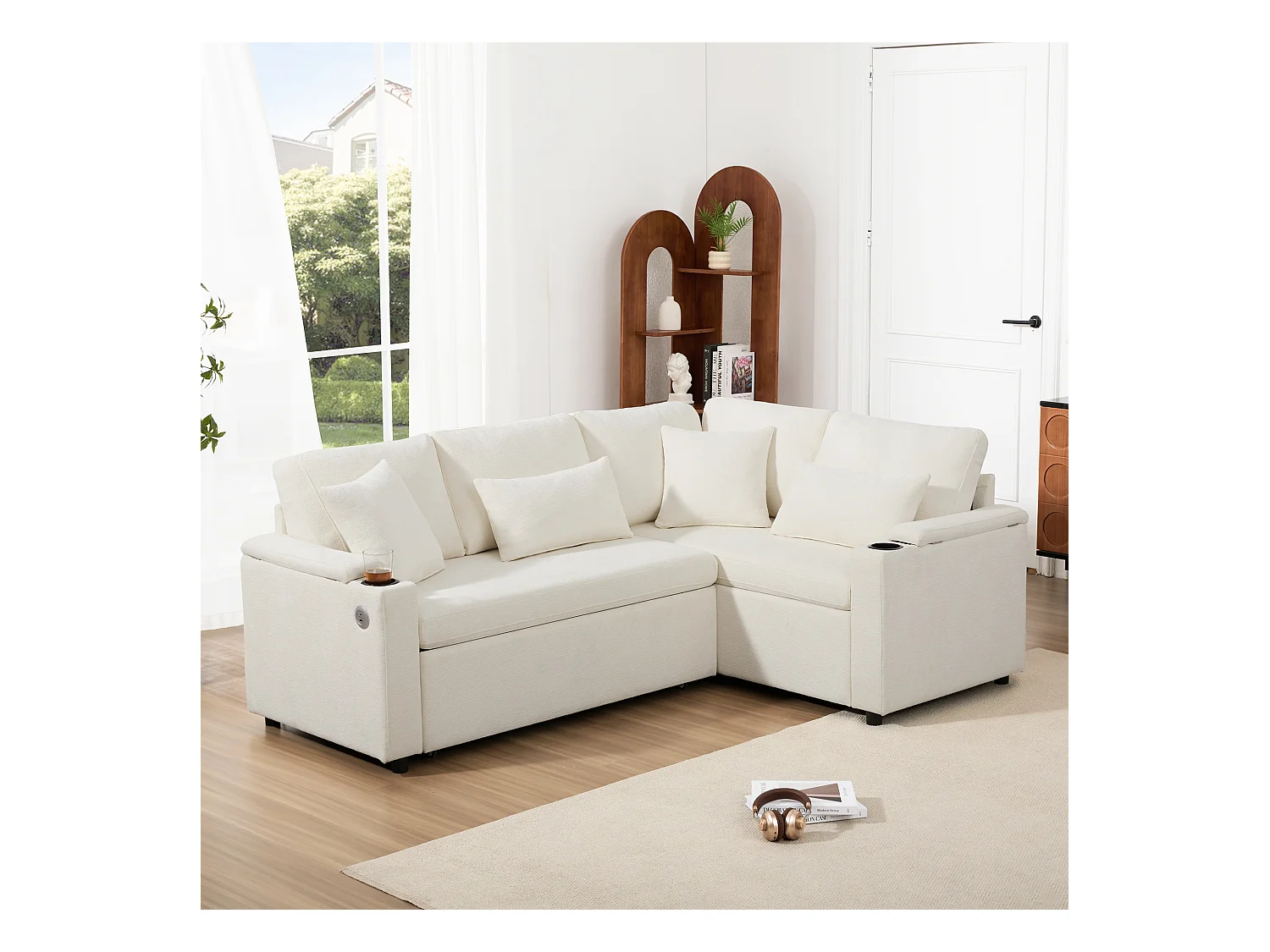 Canapé convertible extensible avec rangement - 206.5 x 141 x 86 cm - avec USB + 2 coussins - velours - beige