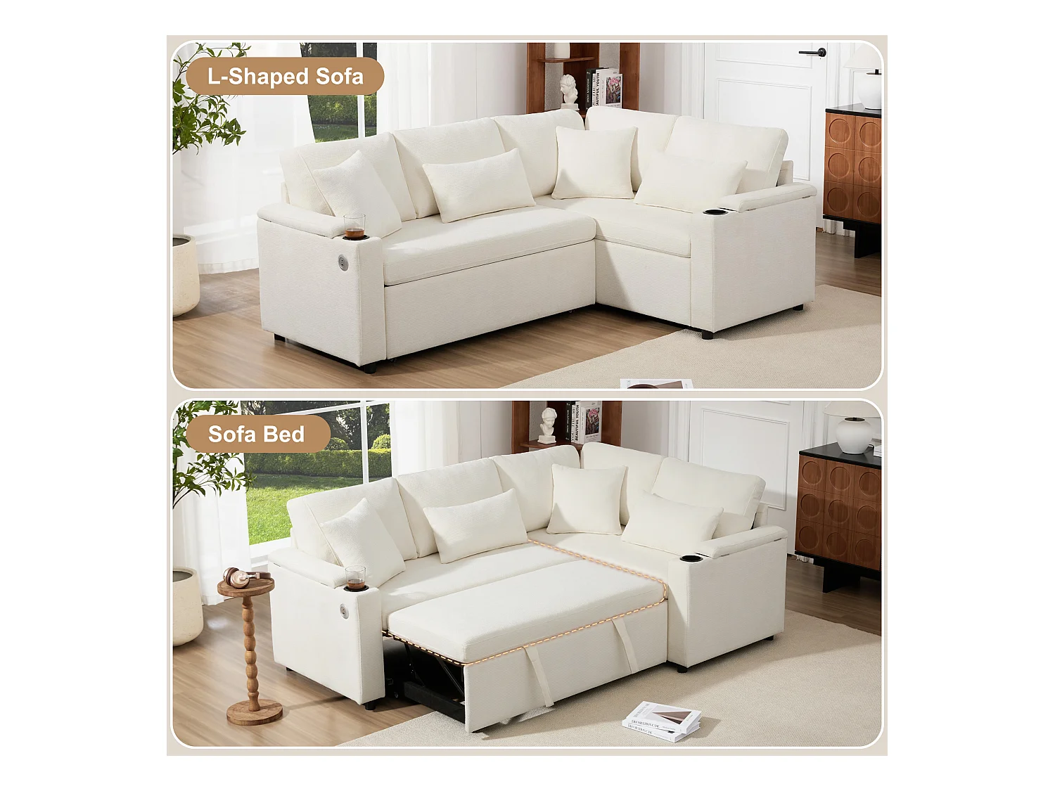 Canapé convertible extensible avec rangement - 206.5 x 141 x 86 cm - avec USB + 2 coussins - velours - beige