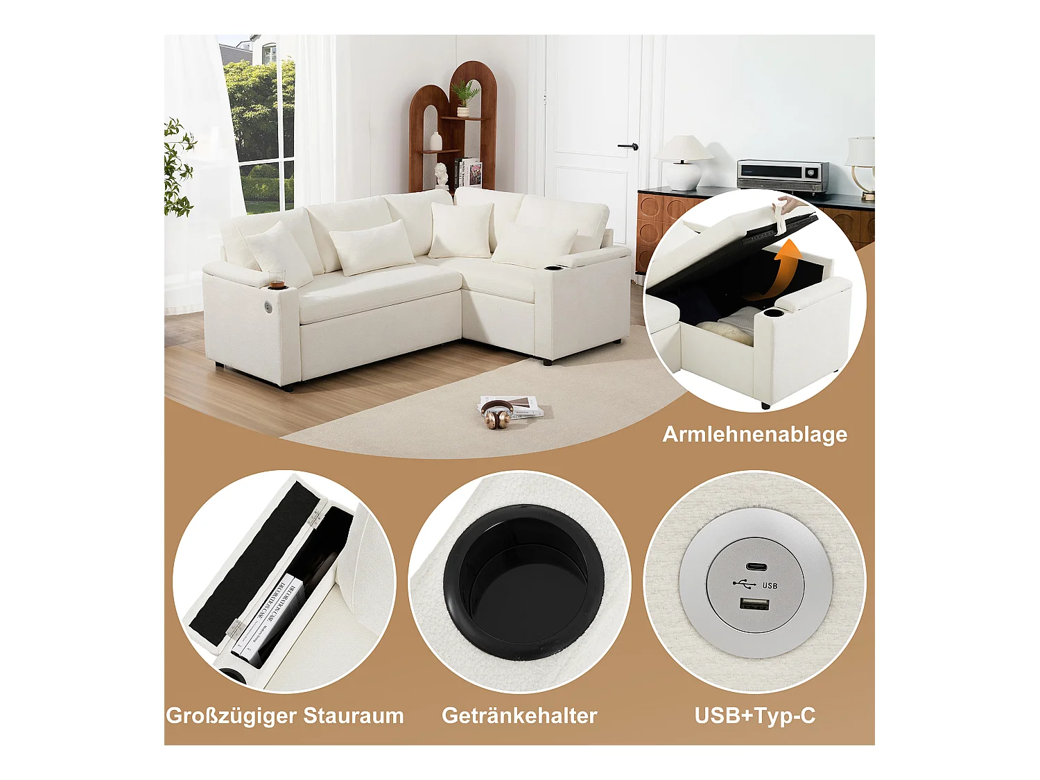 Canapé convertible extensible avec rangement - 206.5 x 141 x 86 cm - avec USB + 2 coussins - velours - beige