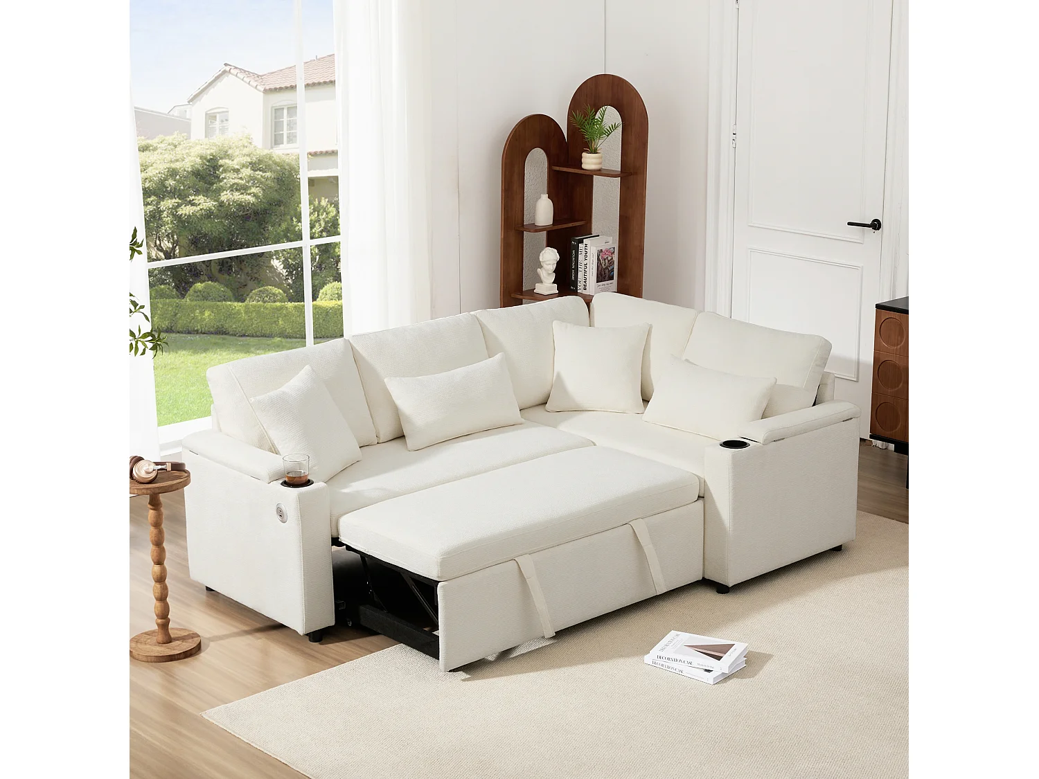 Canapé convertible extensible avec rangement - 206.5 x 141 x 86 cm - avec USB + 2 coussins - velours - beige