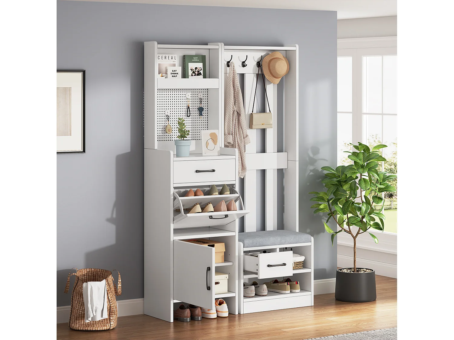 Vestiaire/porte-manteau 7 en 1 avec banc à chaussures + 7 crochets + porte + 2 tiroirs - aggloméré - blanc