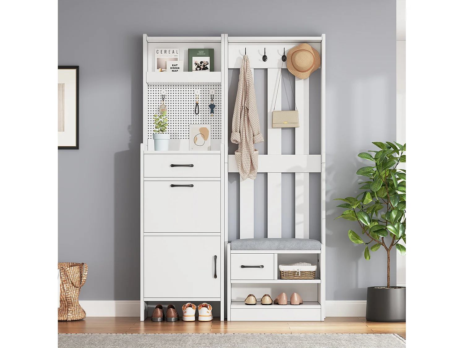 Vestiaire/porte-manteau 7 en 1 avec banc à chaussures + 7 crochets + porte + 2 tiroirs - aggloméré - blanc