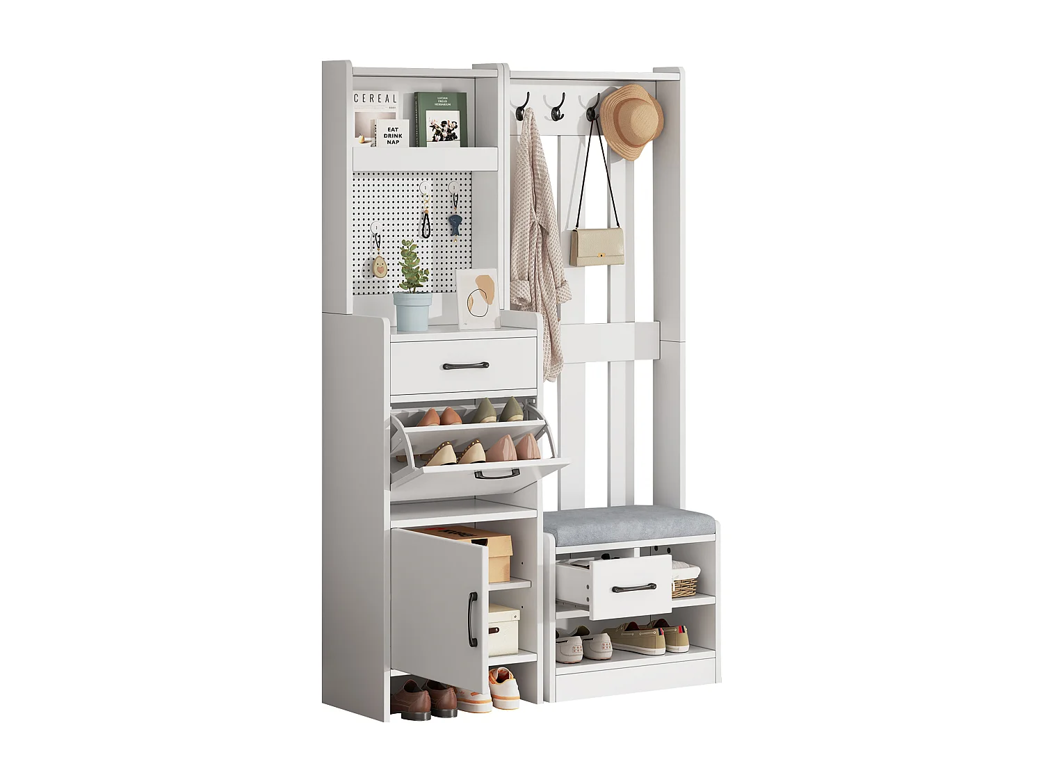 Vestiaire/porte-manteau 7 en 1 avec banc à chaussures + 7 crochets + porte + 2 tiroirs - aggloméré - blanc