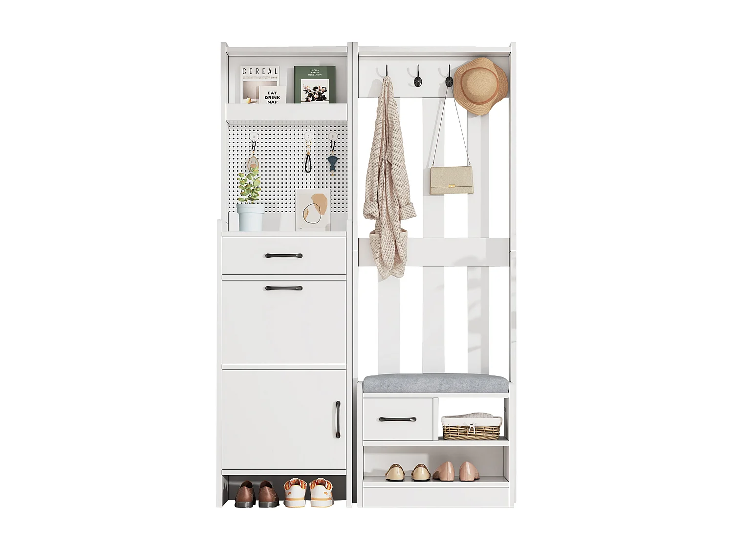 Vestiaire/porte-manteau 7 en 1 avec banc à chaussures + 7 crochets + porte + 2 tiroirs - aggloméré - blanc