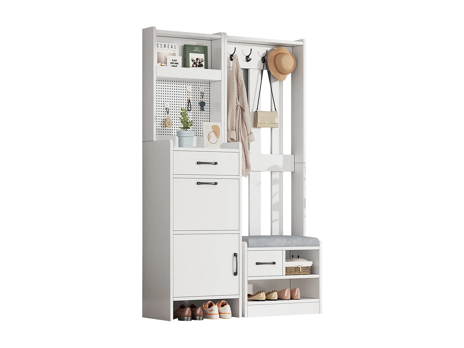 Vestiaire/porte-manteau 7 en 1 avec banc à chaussures + 7 crochets + porte + 2 tiroirs - aggloméré - blanc