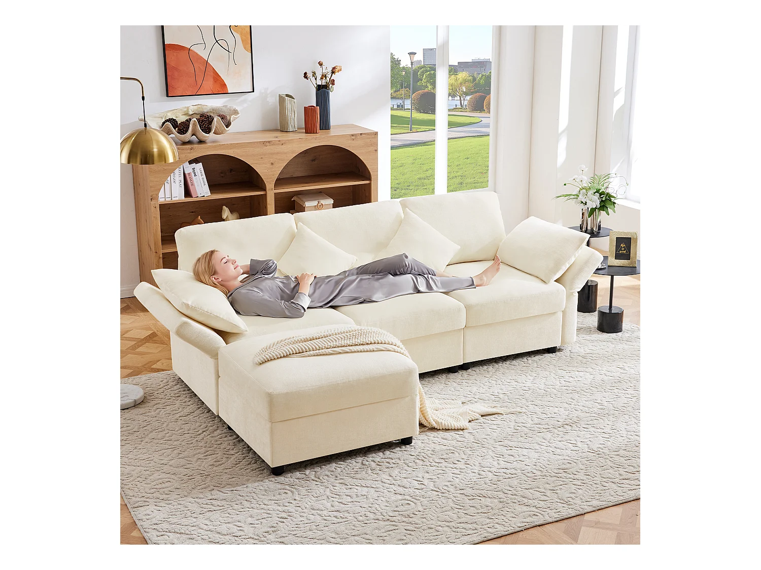 Canapé 3 places avec repose-pieds + 4 coussins - 218 x 156.5 x 86 cm - accoudoirs réglables - velours - beige