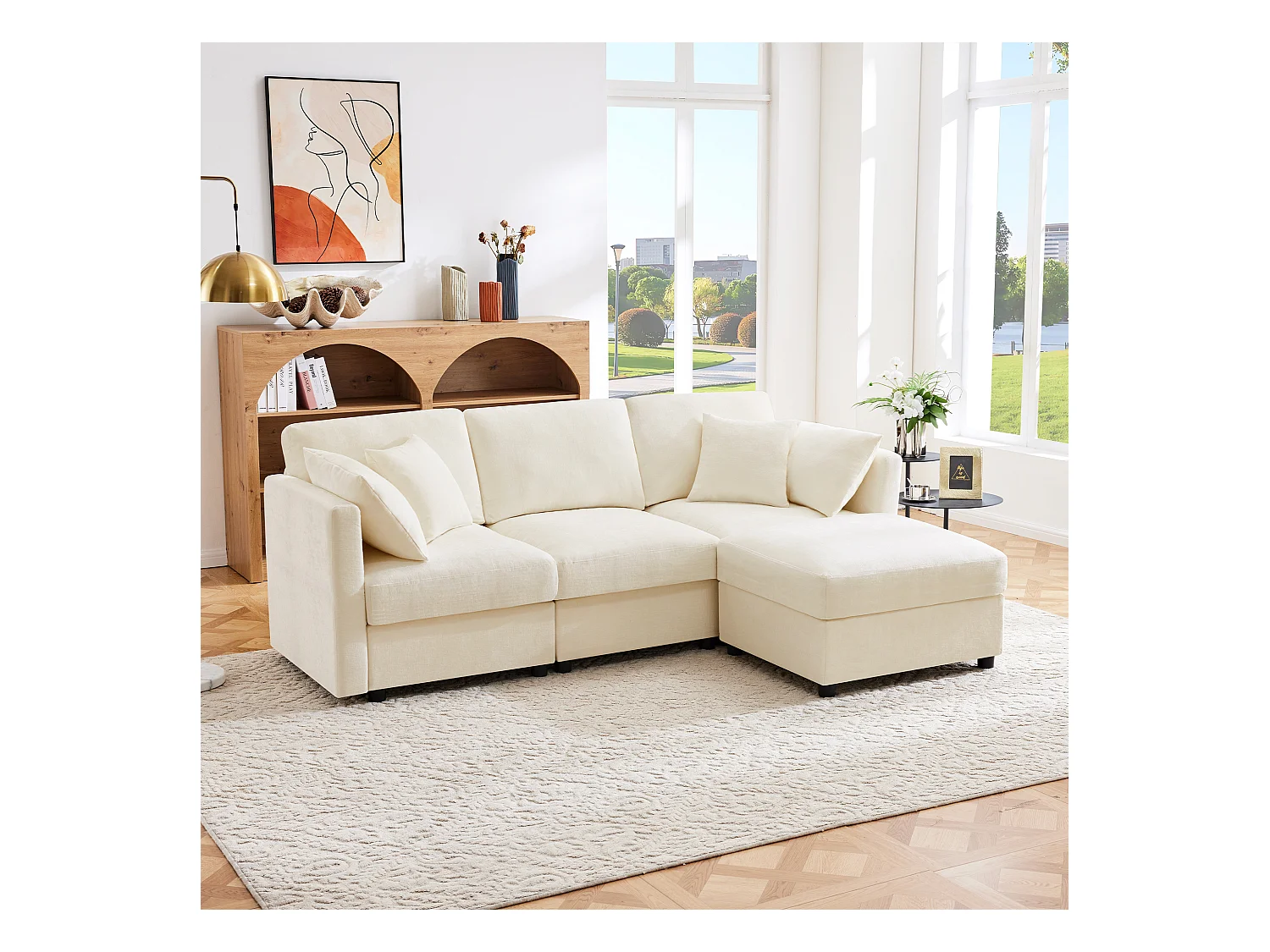 Canapé 3 places avec repose-pieds + 4 coussins - 218 x 156.5 x 86 cm - accoudoirs réglables - velours - beige