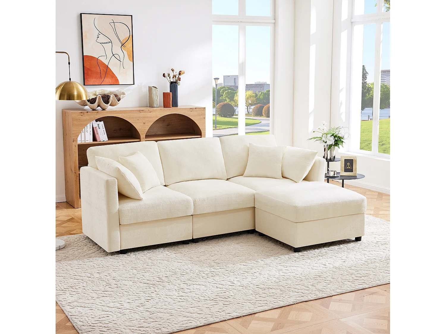 Canapé 3 places avec repose-pieds + 4 coussins - 218 x 156.5 x 86 cm - accoudoirs réglables - velours - beige