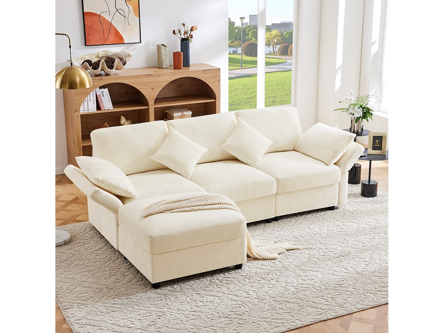 Canapé 3 places avec repose-pieds + 4 coussins - 218 x 156.5 x 86 cm - accoudoirs réglables - velours - beige