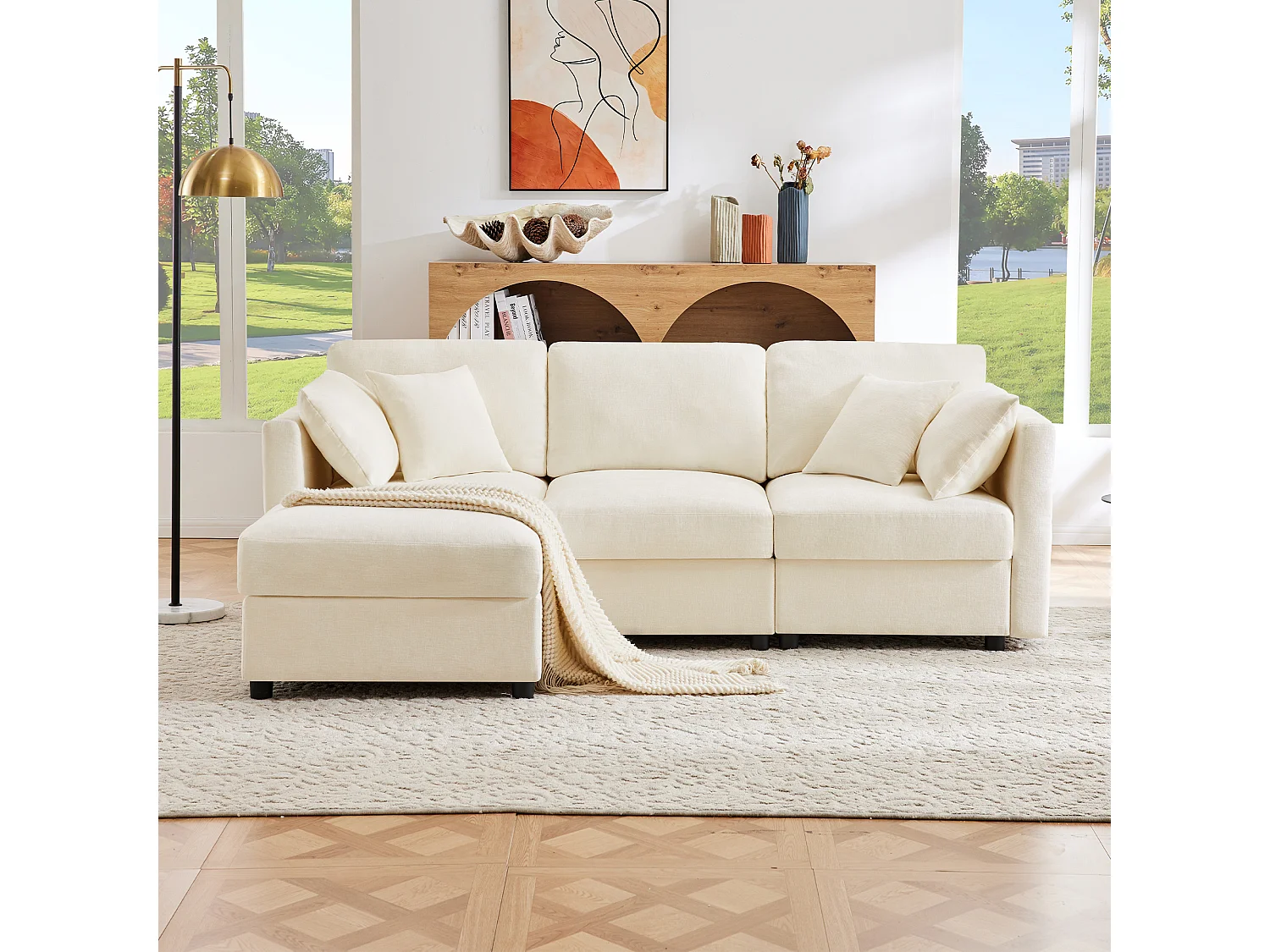 Canapé 3 places avec repose-pieds + 4 coussins - 218 x 156.5 x 86 cm - accoudoirs réglables - velours - beige
