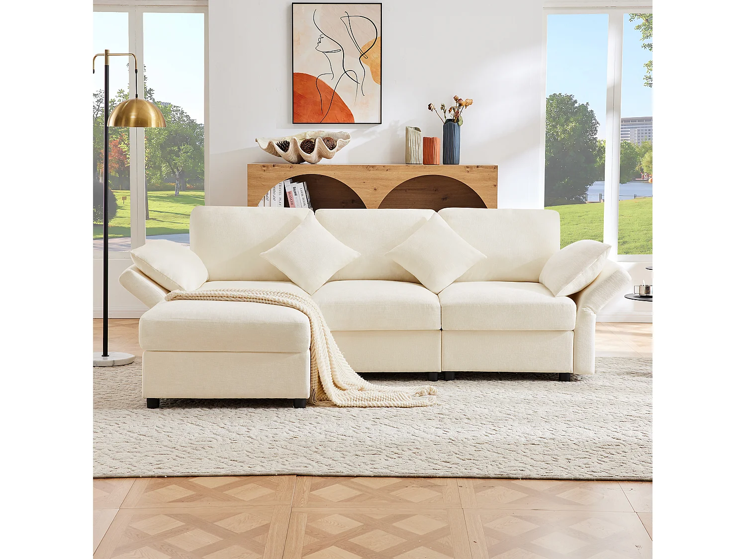 Canapé 3 places avec repose-pieds + 4 coussins - 218 x 156.5 x 86 cm - accoudoirs réglables - velours - beige