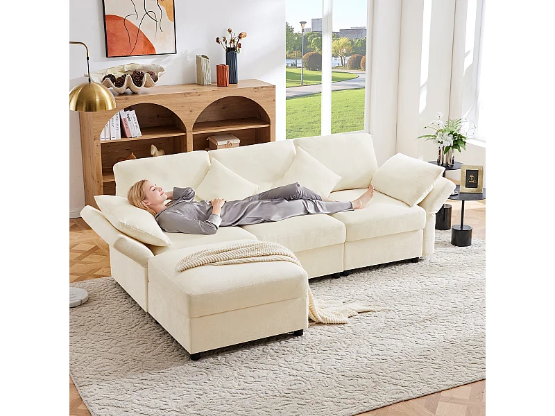 Canapé 3 places avec repose-pieds + 4 coussins - 218 x 156.5 x 86 cm - accoudoirs réglables - velours - beige