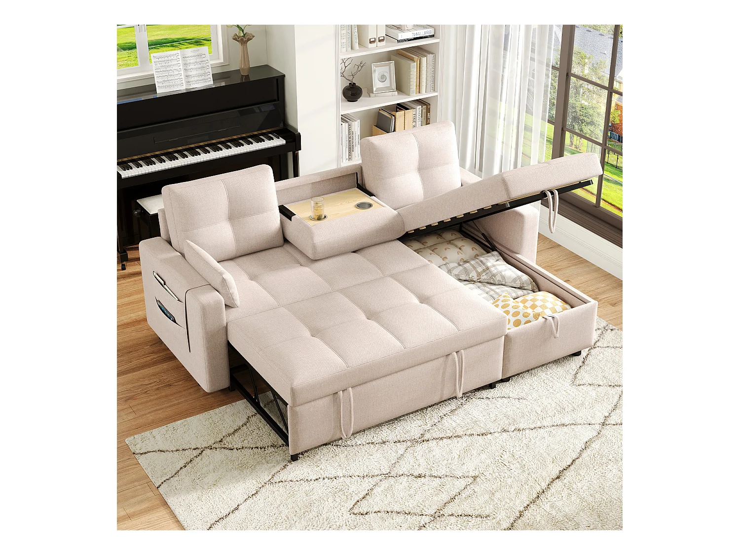 Canapé convertible 2 places avec rangement - 211 x 136 x 87 cm - canapé gigogne de salon - lin - beige