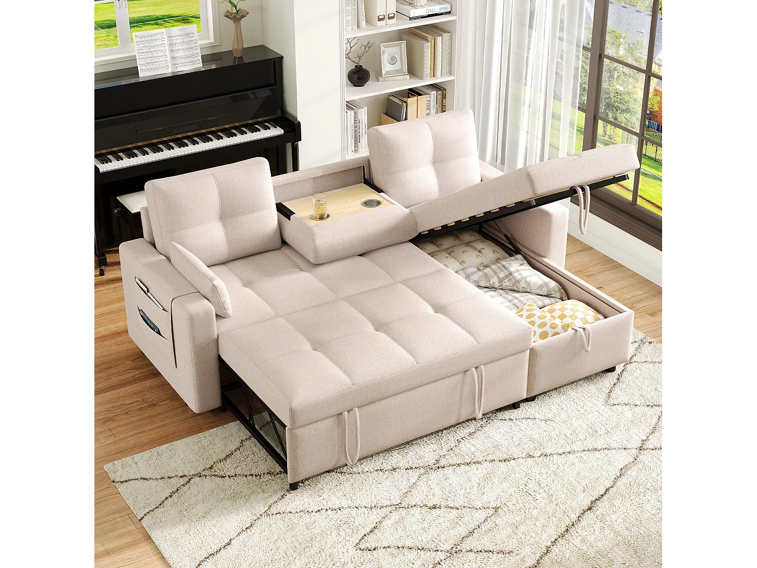 Canapé convertible 2 places avec rangement - 211 x 136 x 87 cm - canapé gigogne de salon - lin - beige