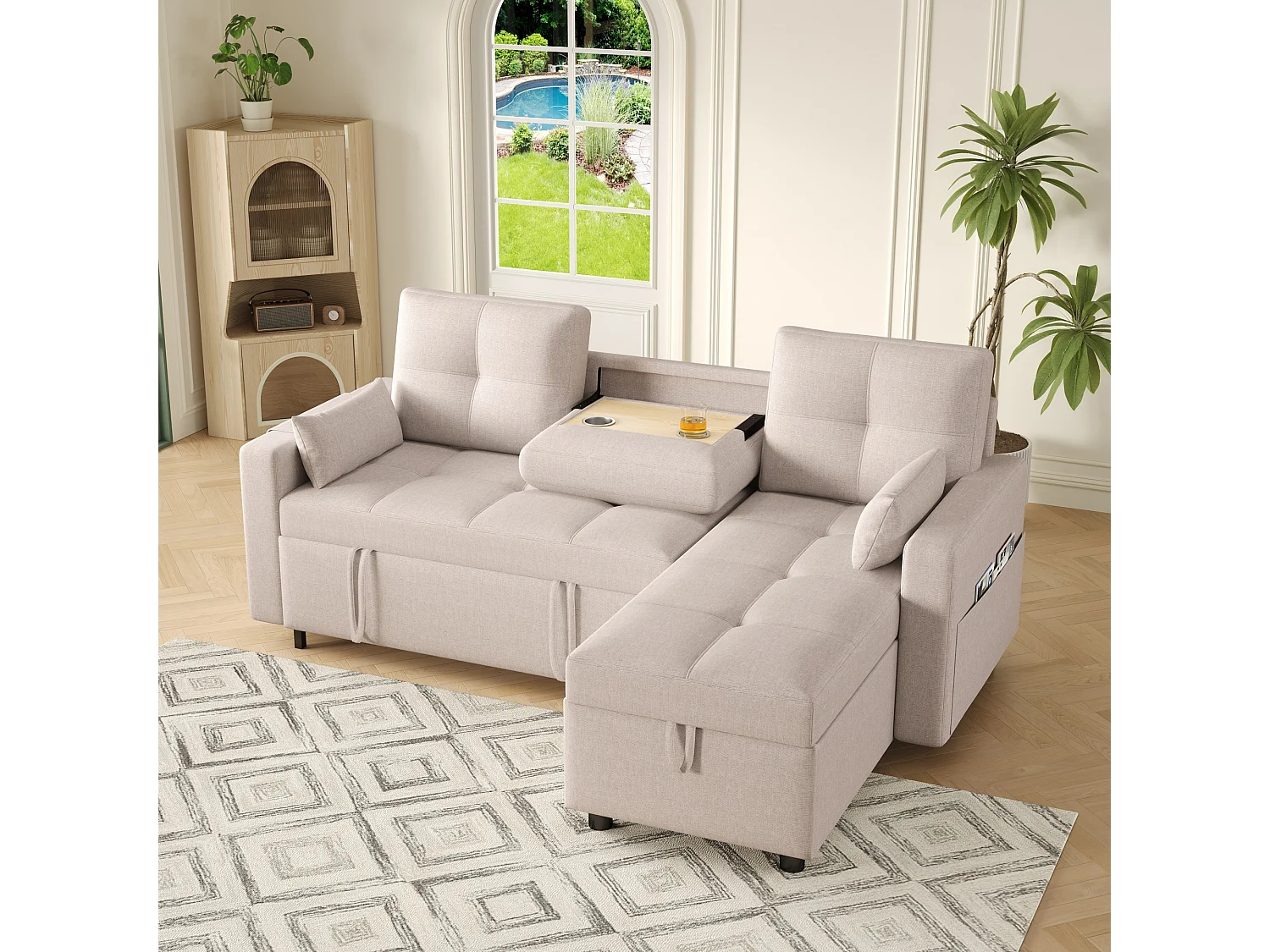 Canapé convertible 2 places avec rangement - 211 x 136 x 87 cm - canapé gigogne de salon - lin - beige