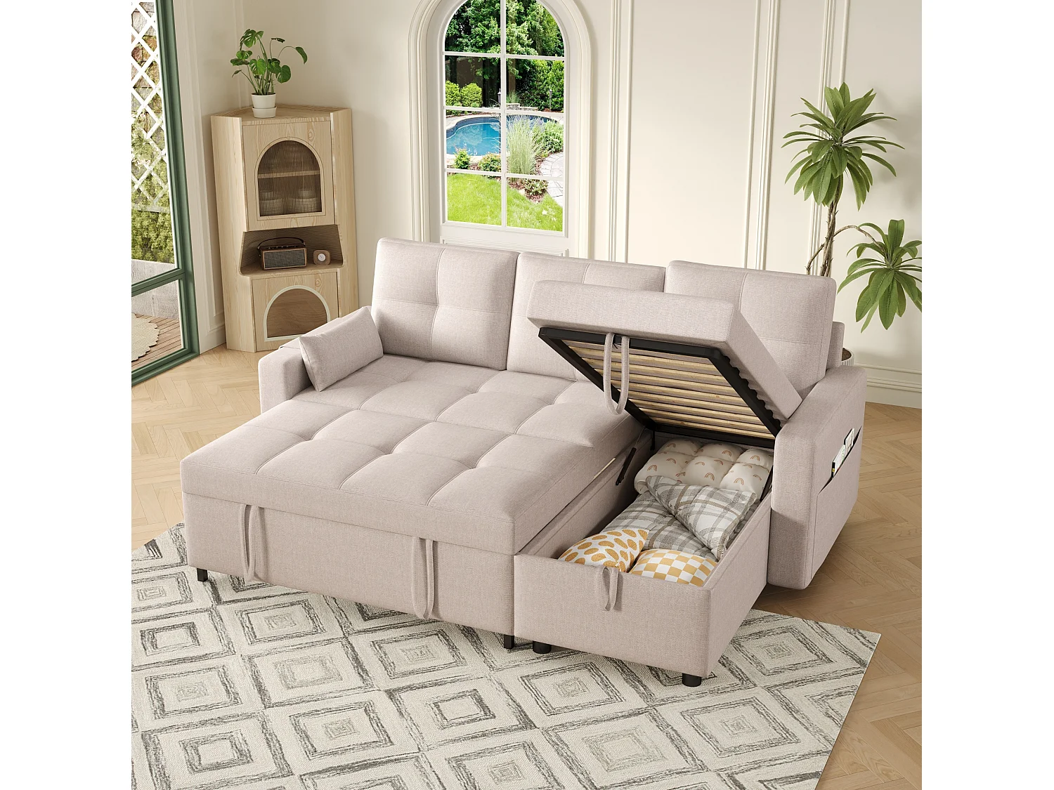 Canapé convertible 2 places avec rangement - 211 x 136 x 87 cm - canapé gigogne de salon - lin - beige