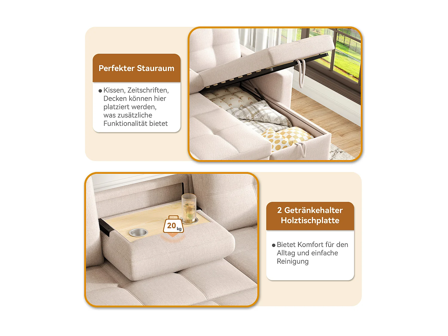 Canapé convertible 2 places avec rangement - 211 x 136 x 87 cm - canapé gigogne de salon - lin - beige