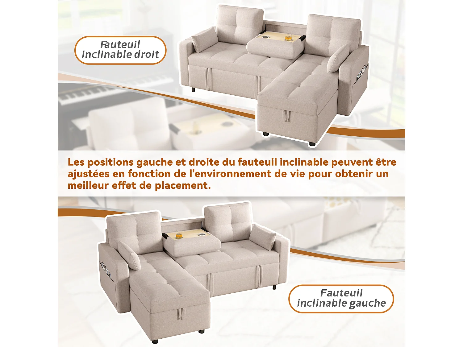 Canapé convertible 2 places avec rangement - 211 x 136 x 87 cm - canapé gigogne de salon - lin - beige