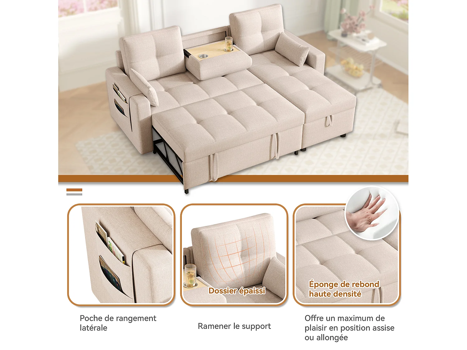 Canapé convertible 2 places avec rangement - 211 x 136 x 87 cm - canapé gigogne de salon - lin - beige