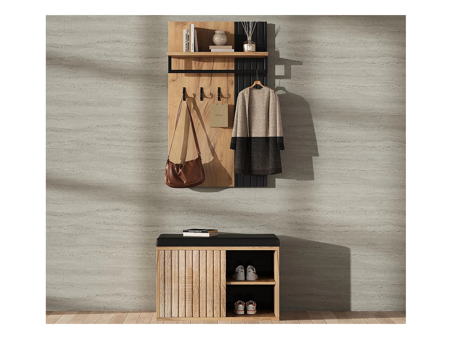 Ensemble vestiaire d'entrée - 1 porte-manteaux et 1 meuble à chaussures - avec coussin et 3 crochets - Naturel + Noir