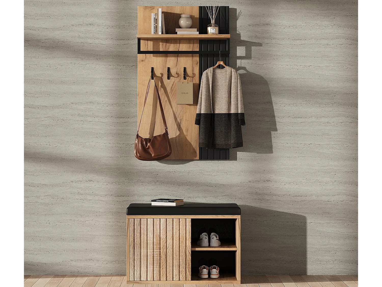 Garderoben-Set - 1 Kleiderständer und 1 Schuhschrank - mit Sitzkissen und 3 Haken - Natur + Schwarz