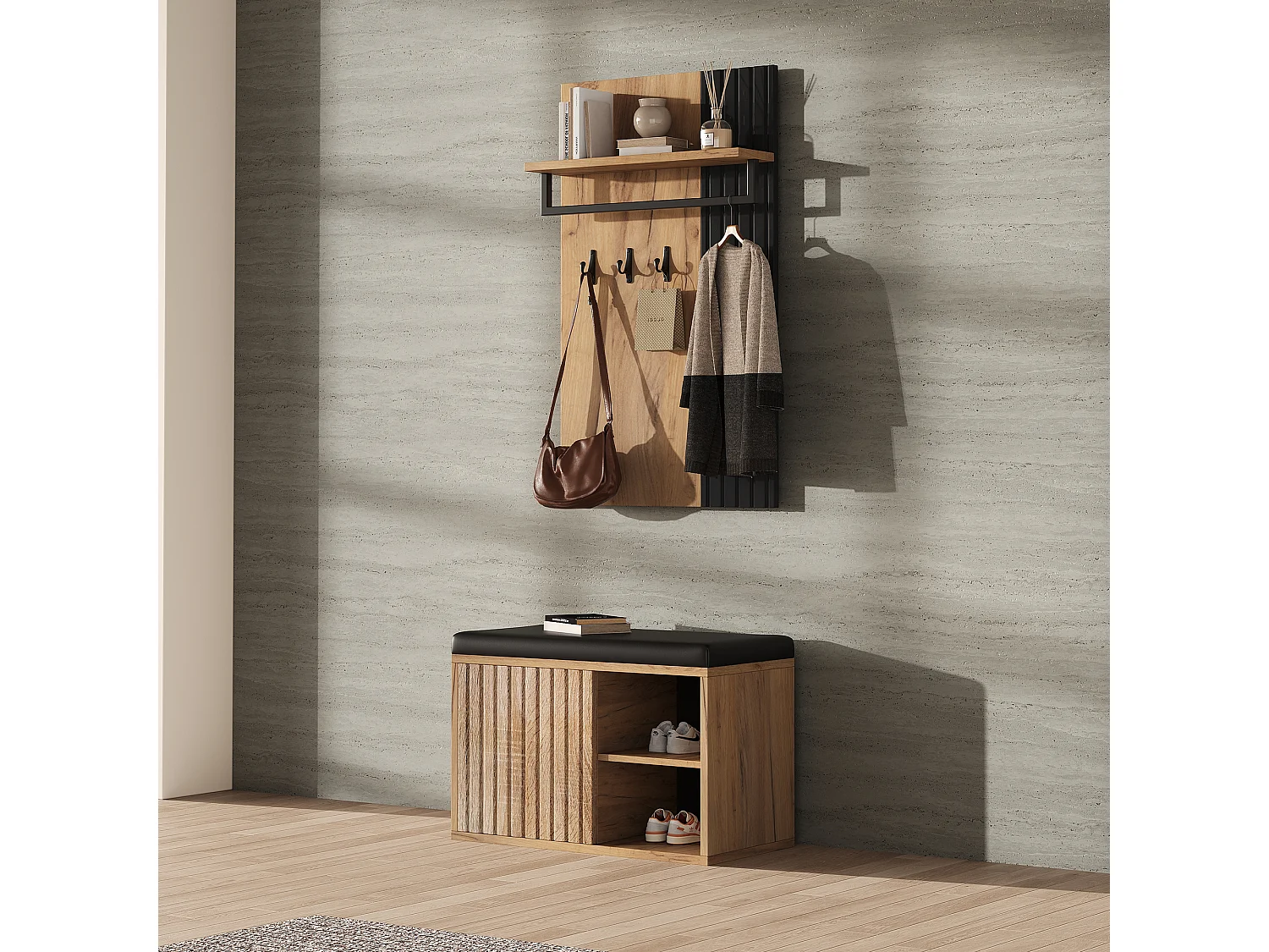 Garderoben-Set - 1 Kleiderständer und 1 Schuhschrank - mit Sitzkissen und 3 Haken - Natur + Schwarz